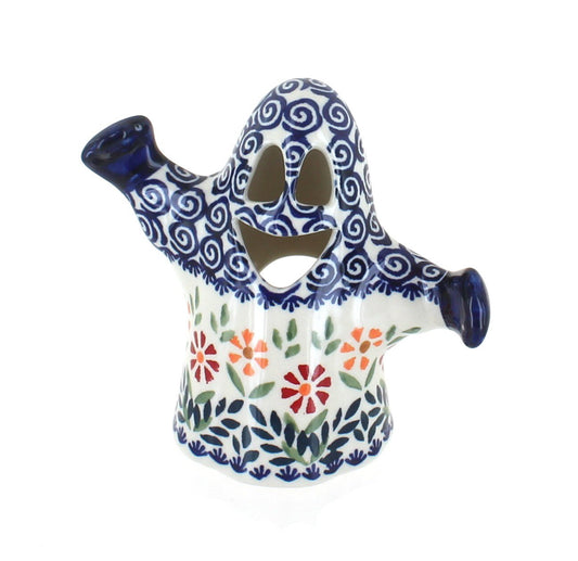 Blue Rose Polish Pottery - Orange Garden Bouquet Ghost Luminary - 5" Tall - Ceramic Candle Holder, Ghost Design Makes Spooky Décor
