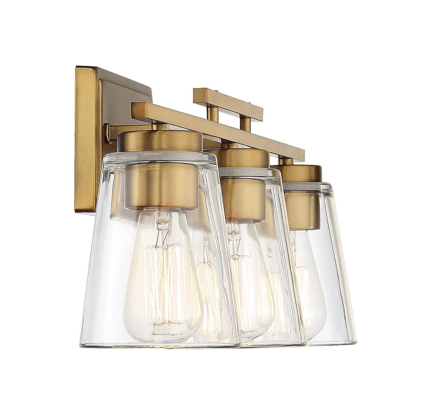 Savoy Essentials 8-1020-3-322 Calhoun Modern Clear Glass Bathroom Vanity Wall Light, 3-Light 180 Total Watts, 9" H x 24" W, Warm Brass