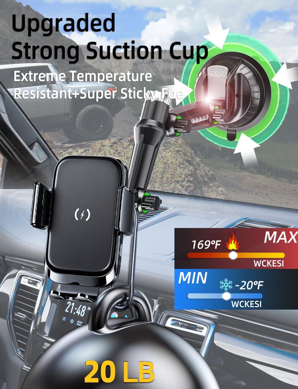 WCKESI Wireless car Charger Phone Mount Holder for Trucks and Large SUVs, 10-Inch Long Arm 15W Qi2 Fast Charging Heavy Duty Truck Vacuum Phone Holders