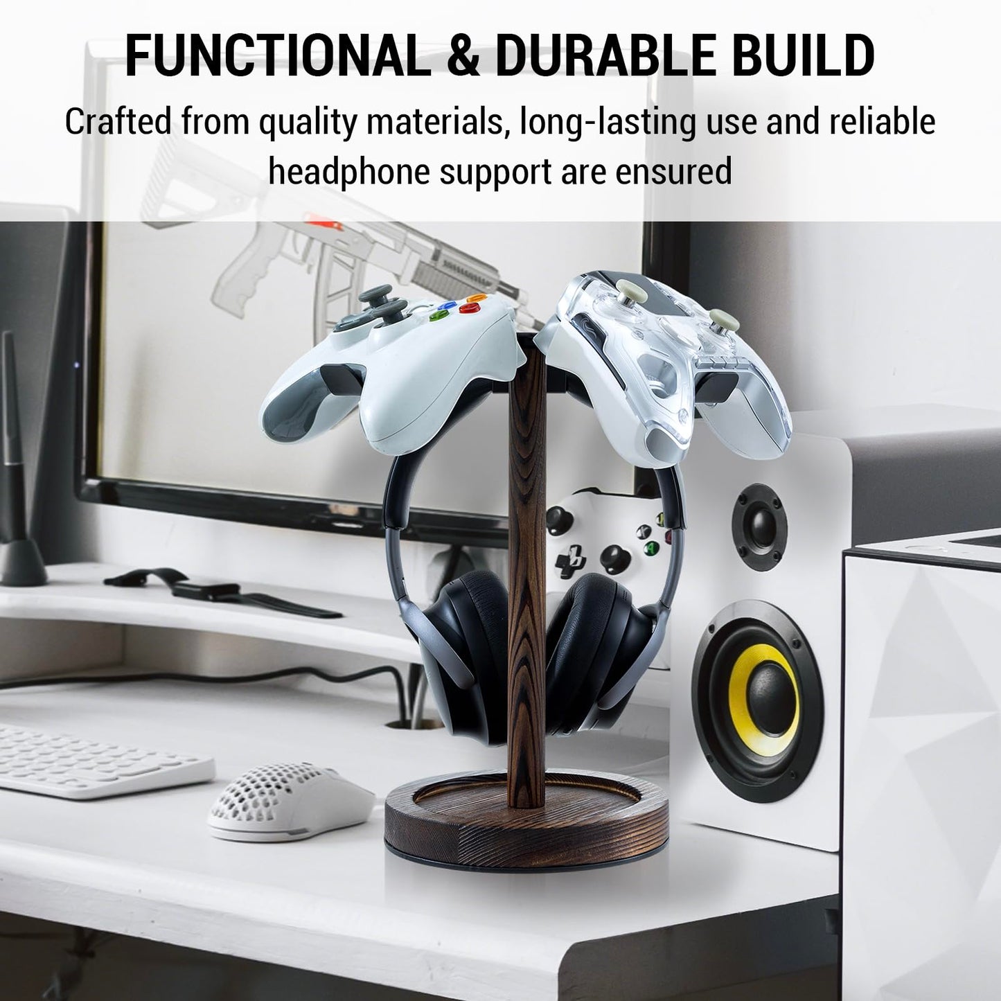 MyGift Industrial Matte Black Metal Headphone Stand with Burnt Wood Tray - Desktop Headset and Gaming Controller Holder for Office, Studio, or…