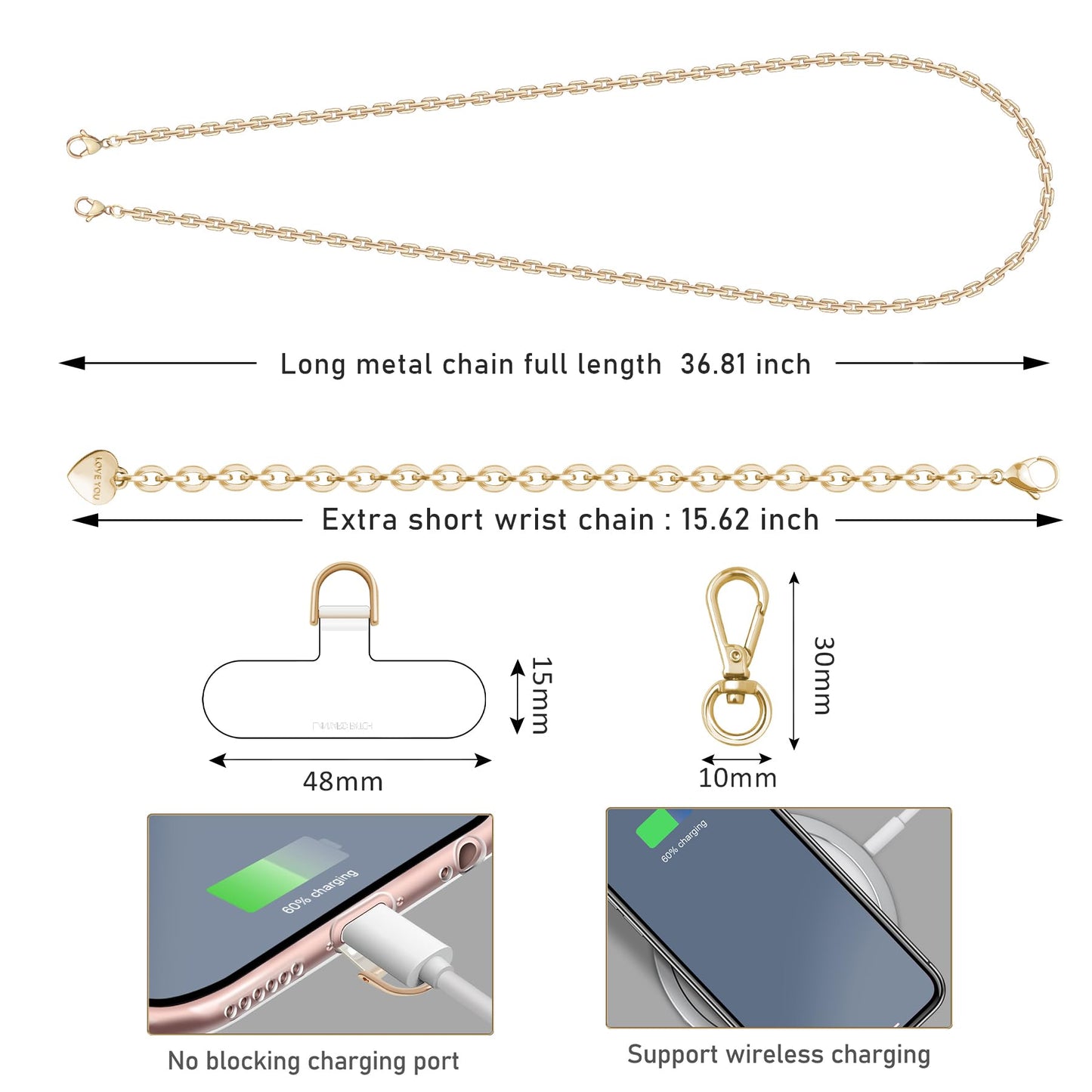 UKON Crossbody Phone Strap, 3 in 1 Phone Lanyard with Metal CellPhone Chain Wristlet Adjustable Crossbody Lanyard Neck Strap For iPhone Case