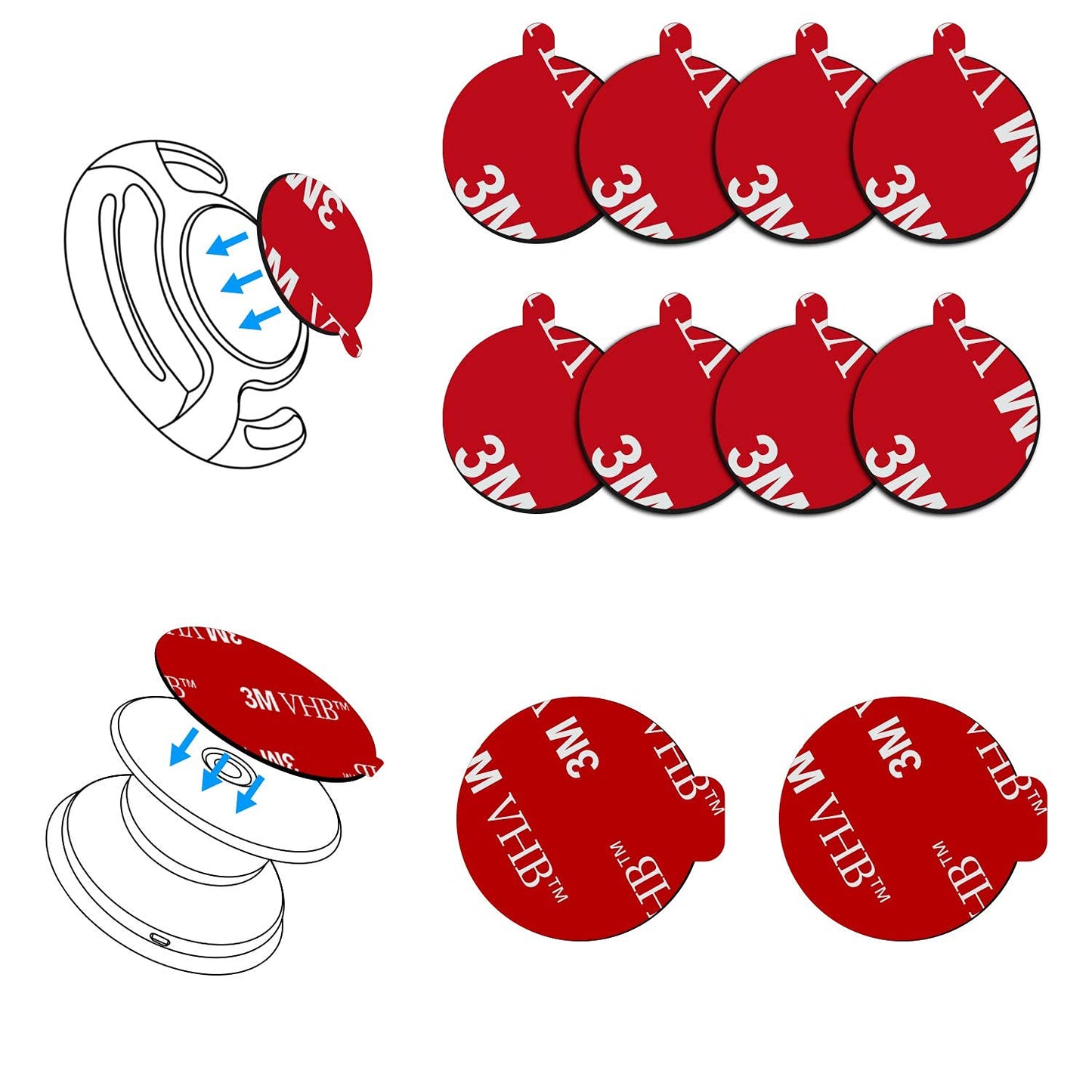 volport Sticky Adhesive Replacement Compatible with Socket Mount Base, 10 Pack Sticker Pads for Car Magnetic Phone Holder and 2pcs 1.38 Inches Double