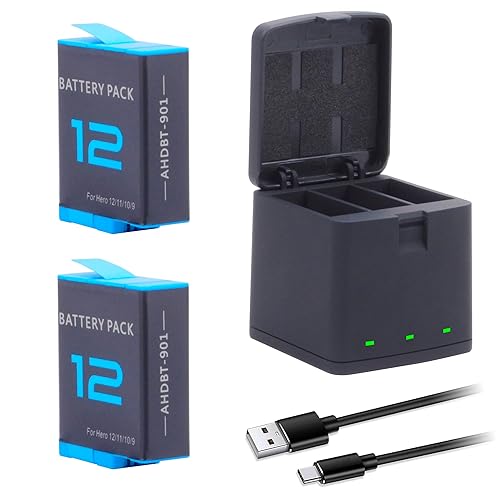 2-Pack Hero 12 11 10 9 Batteries with Type-C 3 Channel Battery Charging Station Power Fast Portable Accessory Compatible with Hero 12, Hero 11, Hero