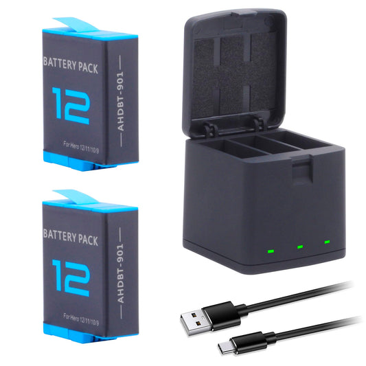 2-Pack Hero 12 11 10 9 Batteries with Type-C 3 Channel Battery Charging Station Power Fast Portable Accessory Compatible with Hero 12, Hero 11, Hero