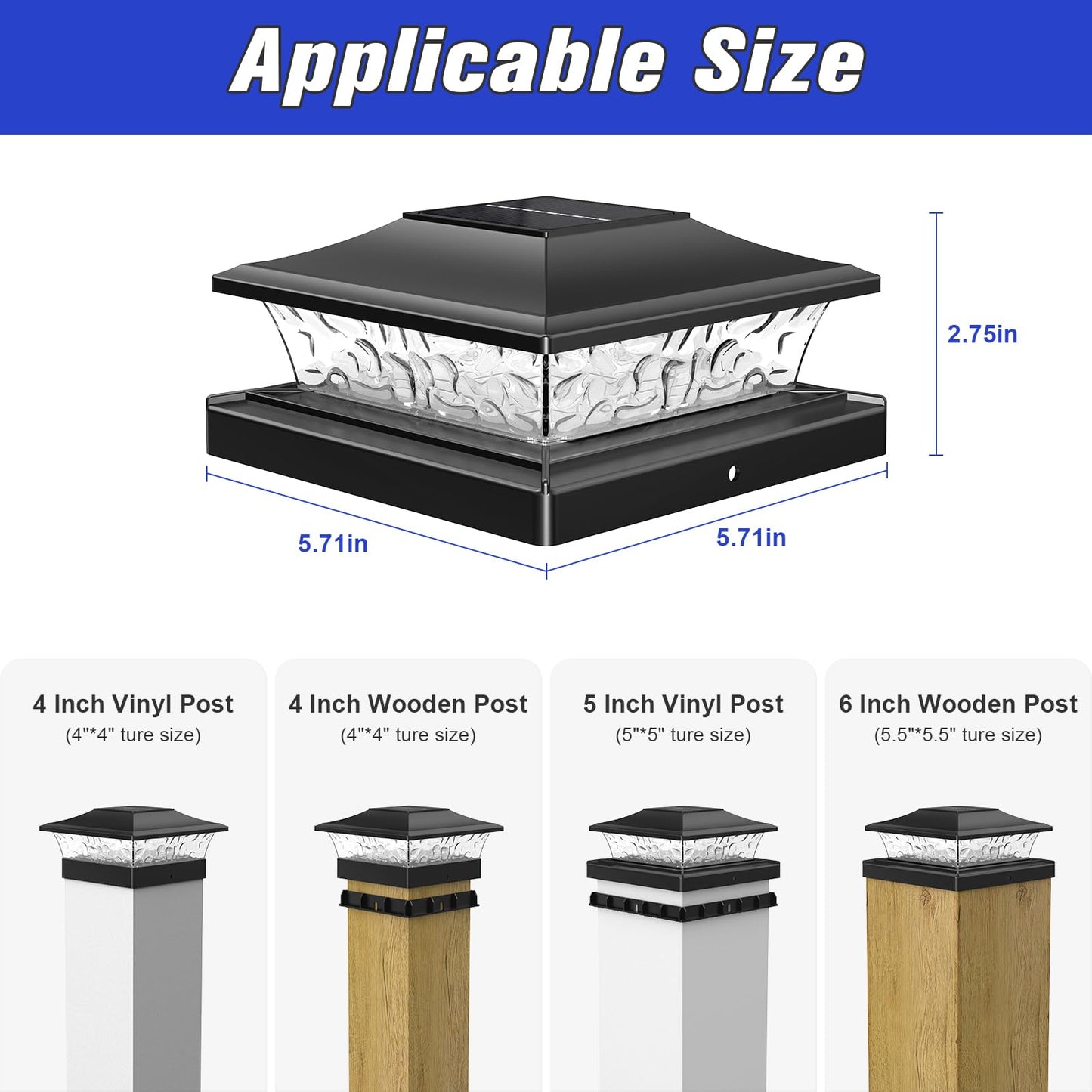 APONUO Solar Post Cap Lights 6 Pack for 4x4 5x5 6x6 Wood & Vinyl Fences - IP65 Waterproof, All-Night Auto On/Off, Warm/Cool White Light, Outdoor Deck