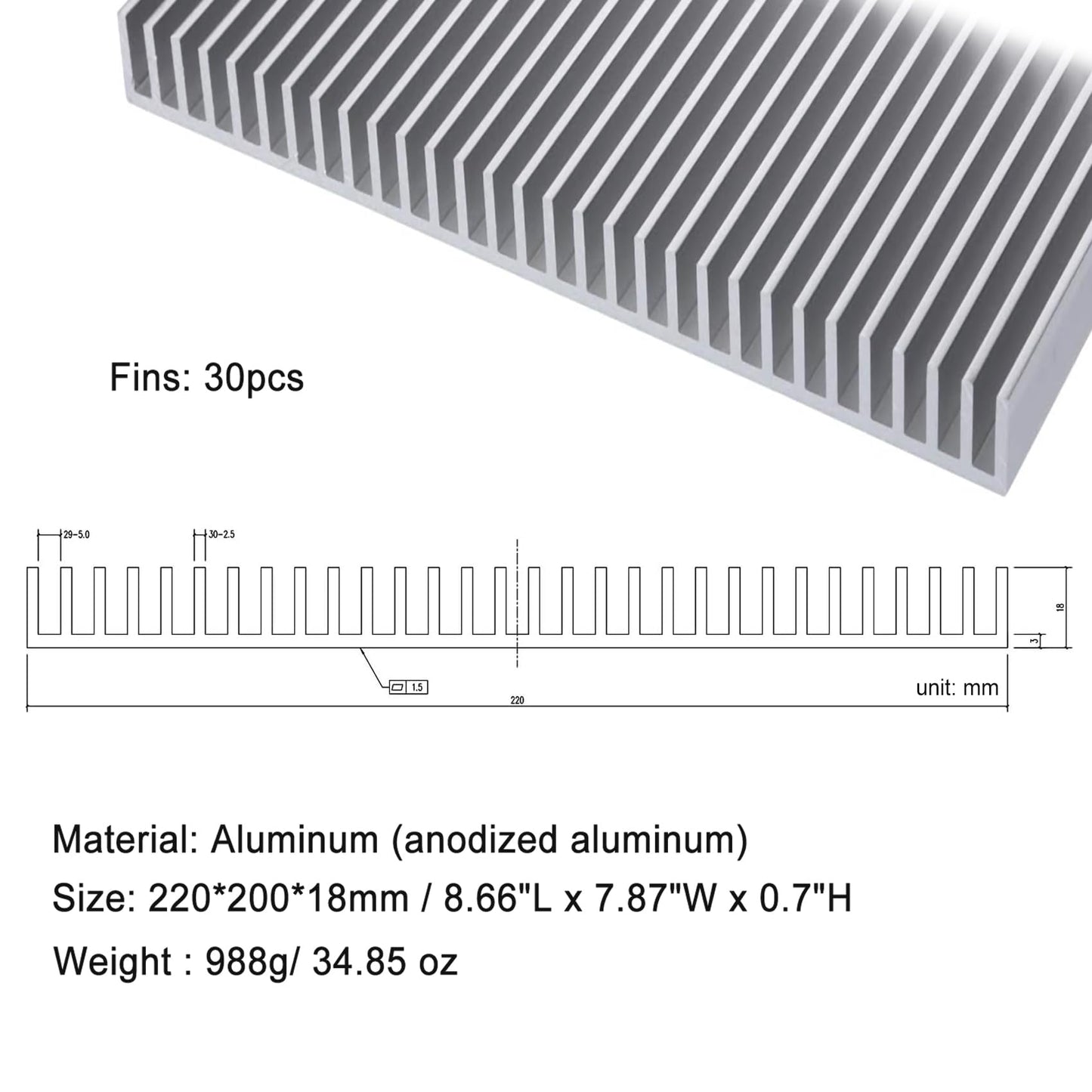 Awxlumv Large LED Aluminum Heatsink 200 x 220 x 18mm / 7.87 x 8.66 x 0.7 Inch Cooler 30 Fins Heat Sink Board