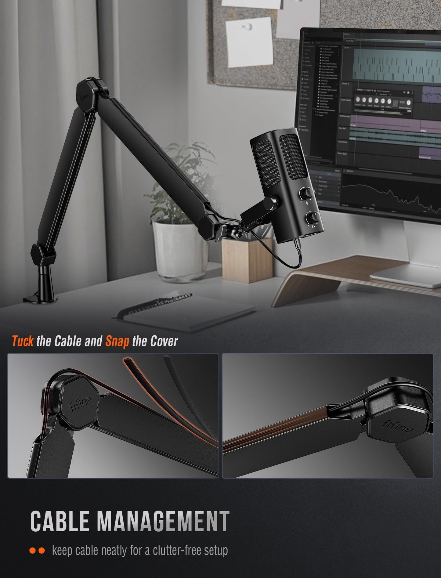 FIFINE Mic Arm Stand, Microphone Boom Arm with Desk Clamp, Cable Channels, 3/8" to 5/8" Threads, Heavy Metal Microphone Stand for Podcast, Vocal