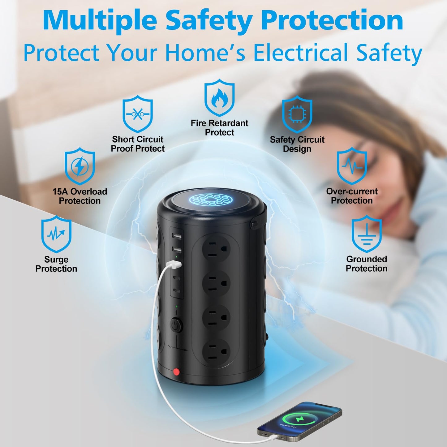 Tower Power Strip Surge Protector with 16 Outlets and 5 USB Ports (2 USB-C), 6FT Extension Cord with Multiple Outlets,Heavy Duty Charging Station,Home