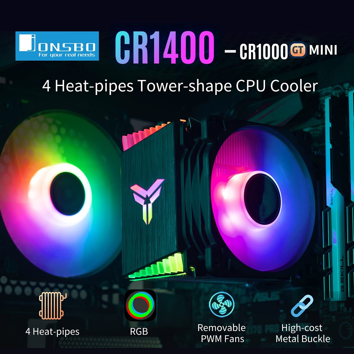 JONSBO CR1400 RGB CPU Air Cooler, 92mm PWM CPU Cooler with 4 Heat Pipes, Removable Computer PC Fans Easy to Install, Quiet Rainbow RGB Cooling Fan