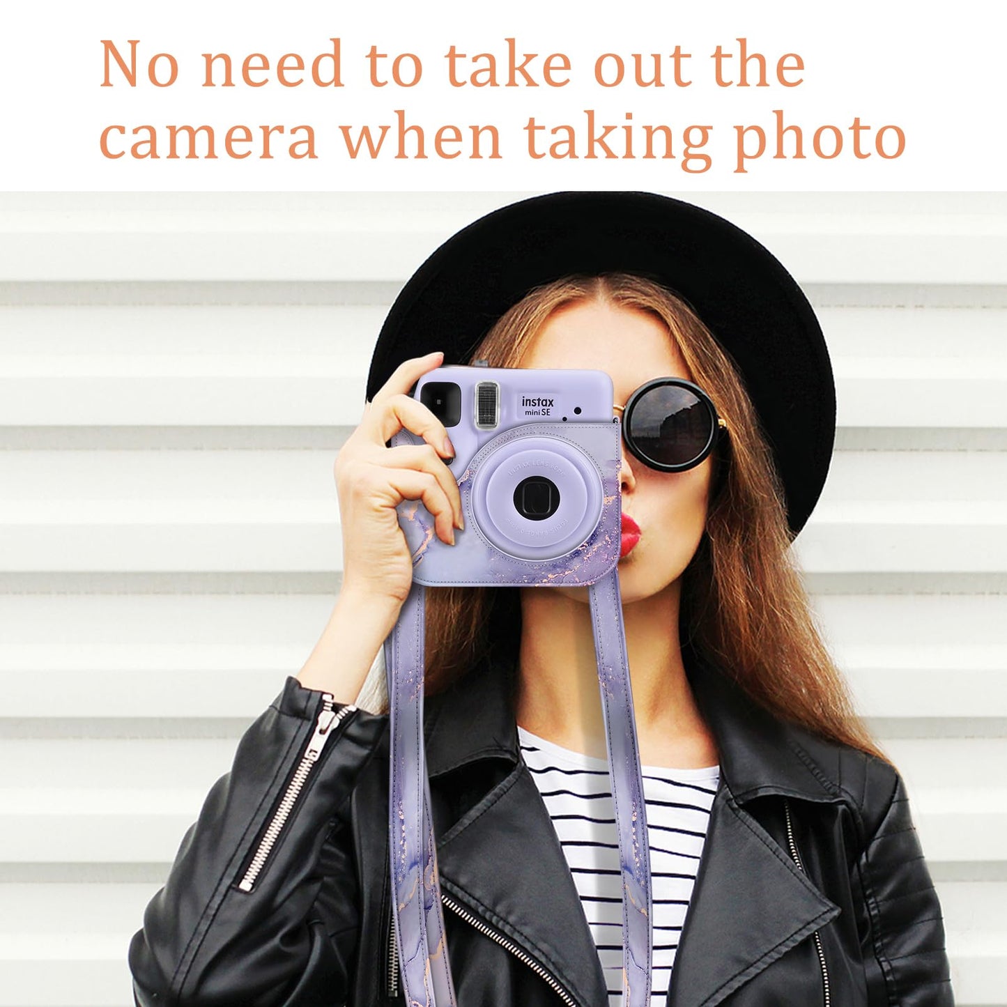 Fintie Protective Case for Fujifilm Instax Mini SE Instant Camera - Premium Vegan Leather Bag Cover with Removable Adjustable Strap, Lilac Marble