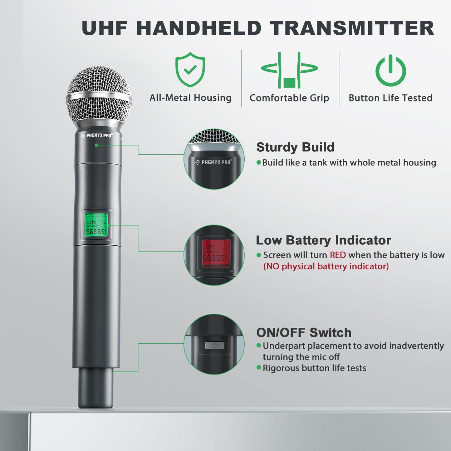Phenyx Pro Wireless Microphone System, 4-Channel UHF Wireless Mic, Fixed Frequency Metal Cordless Mic with 4 Handheld Dynamic Microphones, 260ft