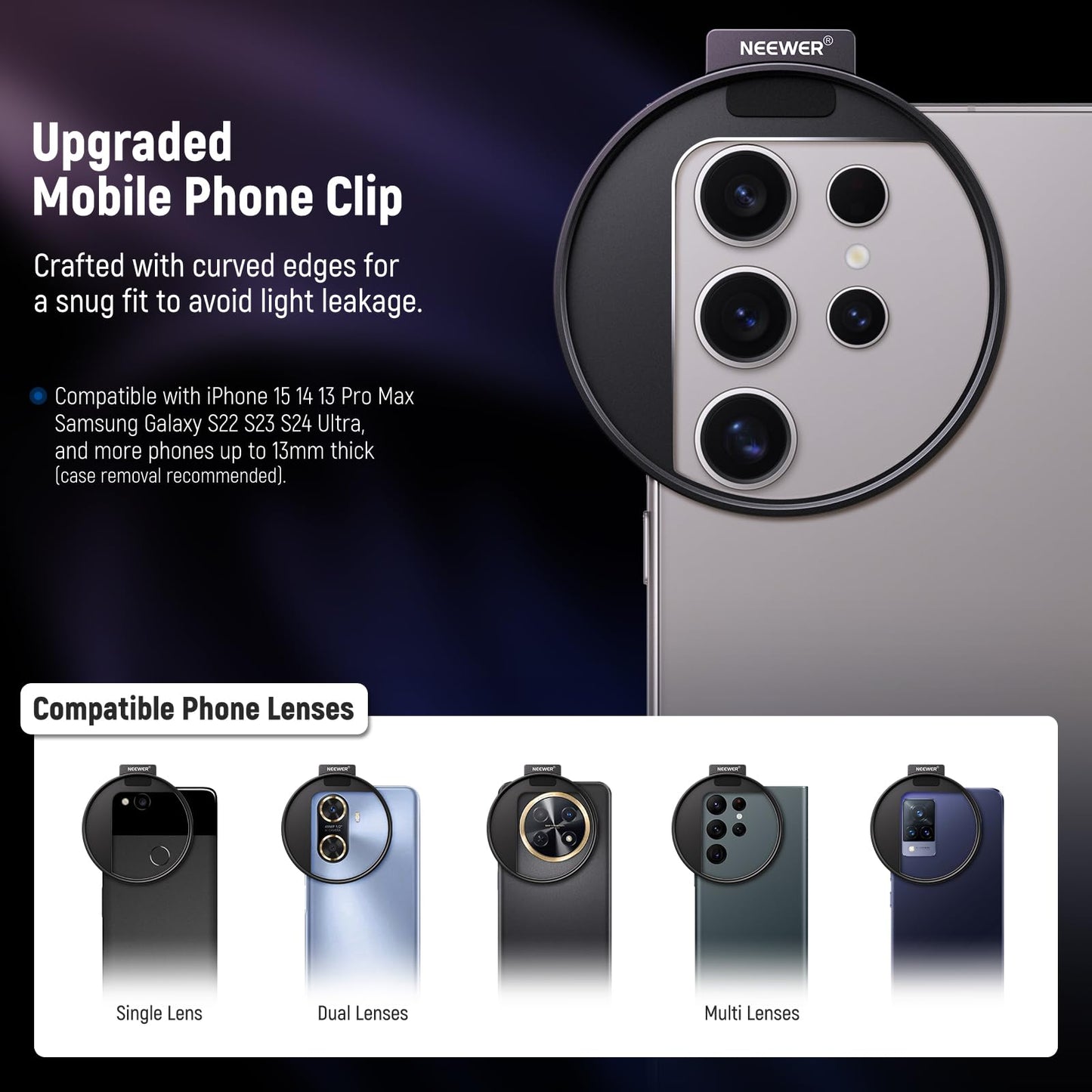 NEEWER 67mm Clip On Variable ND Filter Kit with Cold Shoe Phone Clip, Adjustable ND2-32 Filter Compatible with iPhone 17 16 15 Pro Max Plus Android