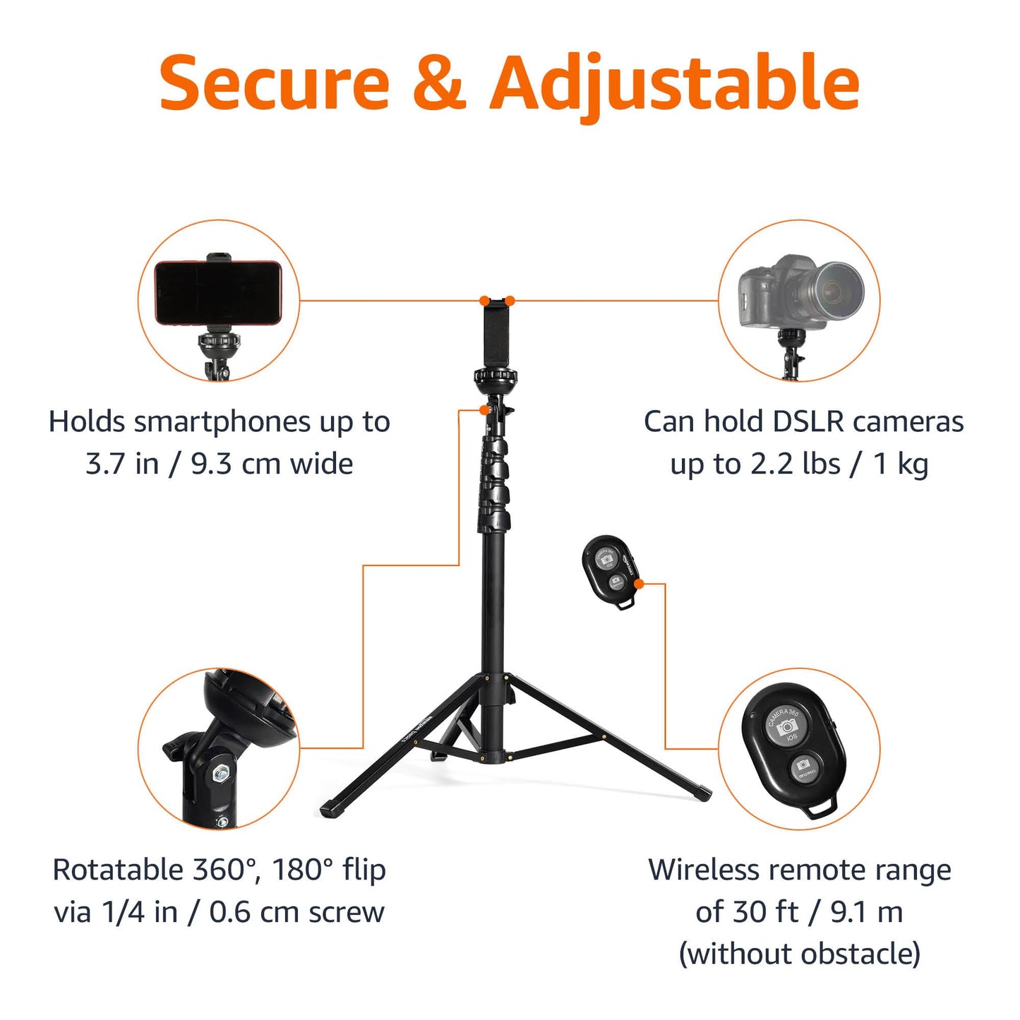 Amazon Basics 64-inch Extendable Tripod for iPhones and Smartphones, Selfie Stick Mode and Phone Tripod Mode, Black