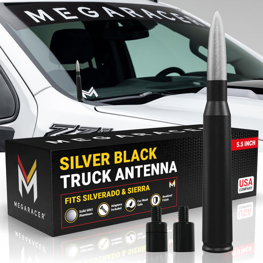Anodized Silver Black 50 Cal Bullet Antenna for Chevy Silverado & GMC Sierra 1500 2500 (1999-2026) - Rugged Billet Aluminum, UV & Chip-Resistant, Car