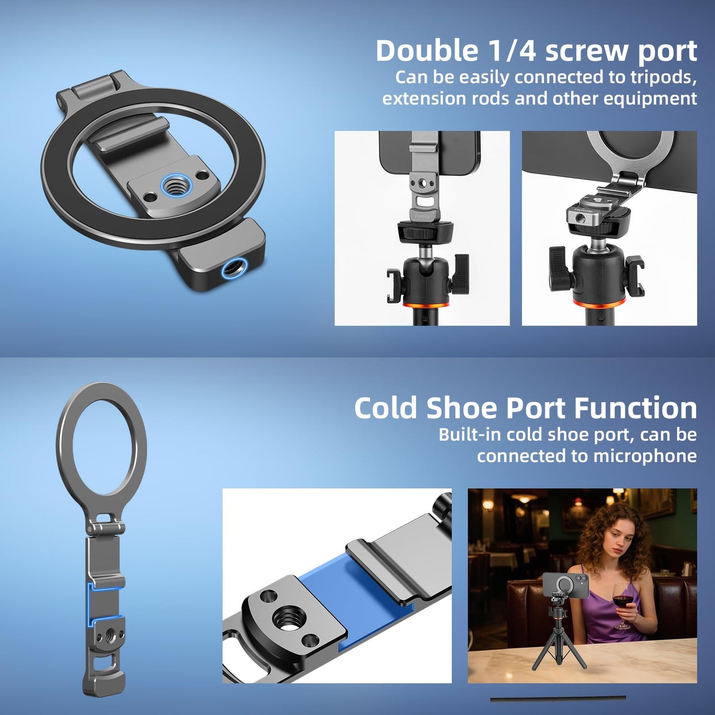 Phone Tripod Holder Mount for MagSafe, Aluminum Magnetic Mount Adapter with 1/4” Screw Hole, Cold Shoe for iPhone 17 16 15 14 13 Series for Samsung