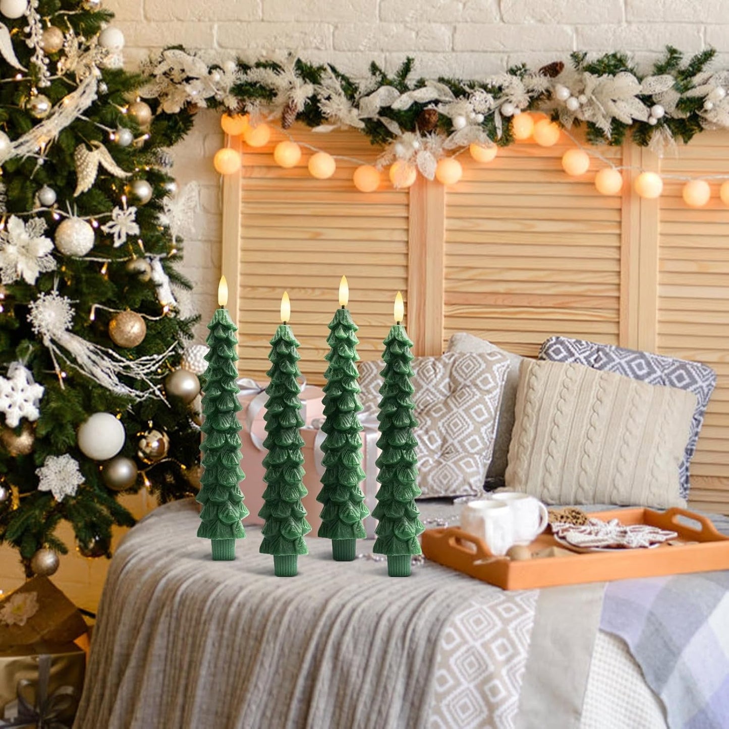 HDCooL 4PCS Christmas Tree Candles, 9.7 Inch Flameless Taper Candles with Remote and Timer, LED Battery Operated Taper Candlesticks with 3D Flickering