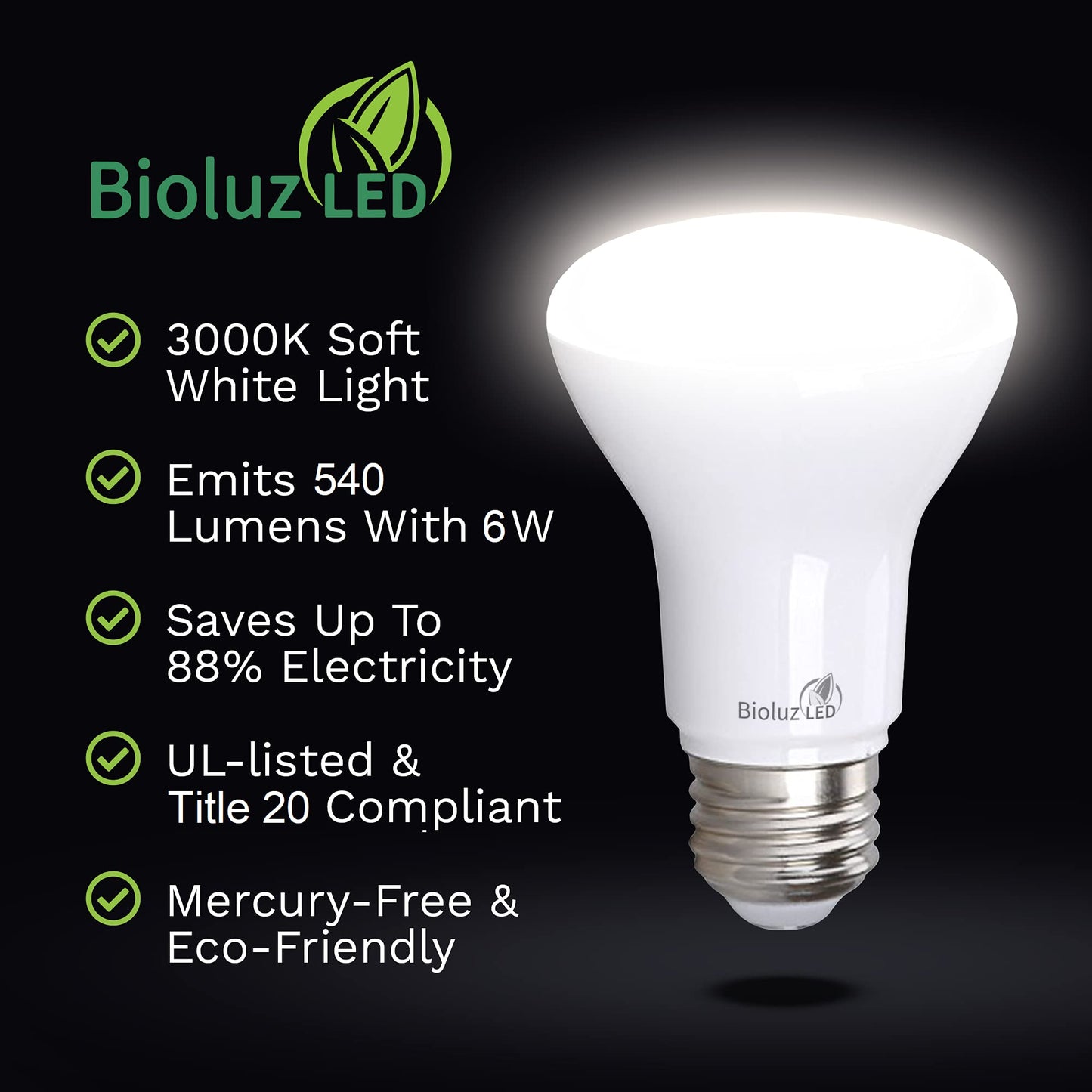 Bioluz LED 4 Pack BR20 LED Bulb 3000K Bright Soft White 6W=50W, 90 CRI, 540 Lumen, Dimmable LED Light Bulbs, Soft White Light Bulbs, Indoor/Outdoor