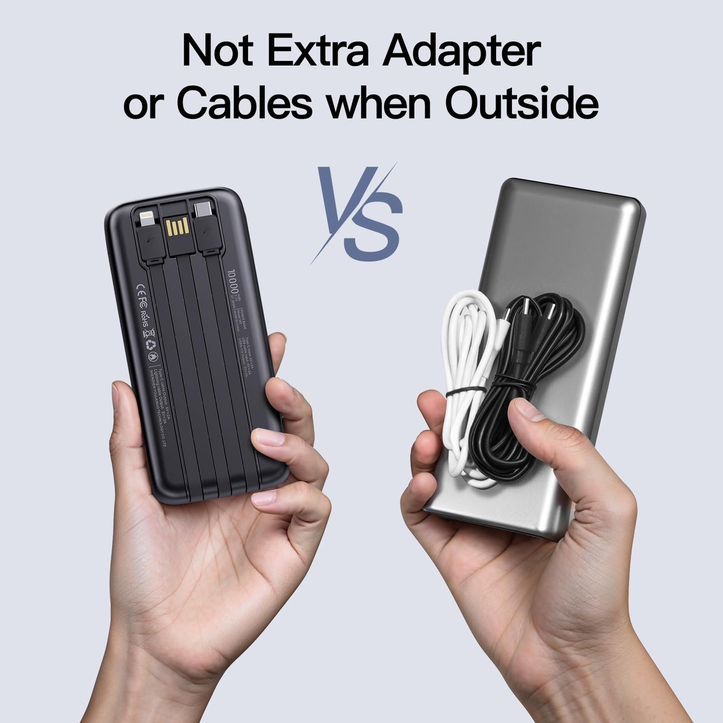 2026 2-Pack 10000mAh Portable Charger with Built in Cables, Travel Essential Battery Pack, 4 Outputs 2 Inputs Slim Power Bank with Cord Wires