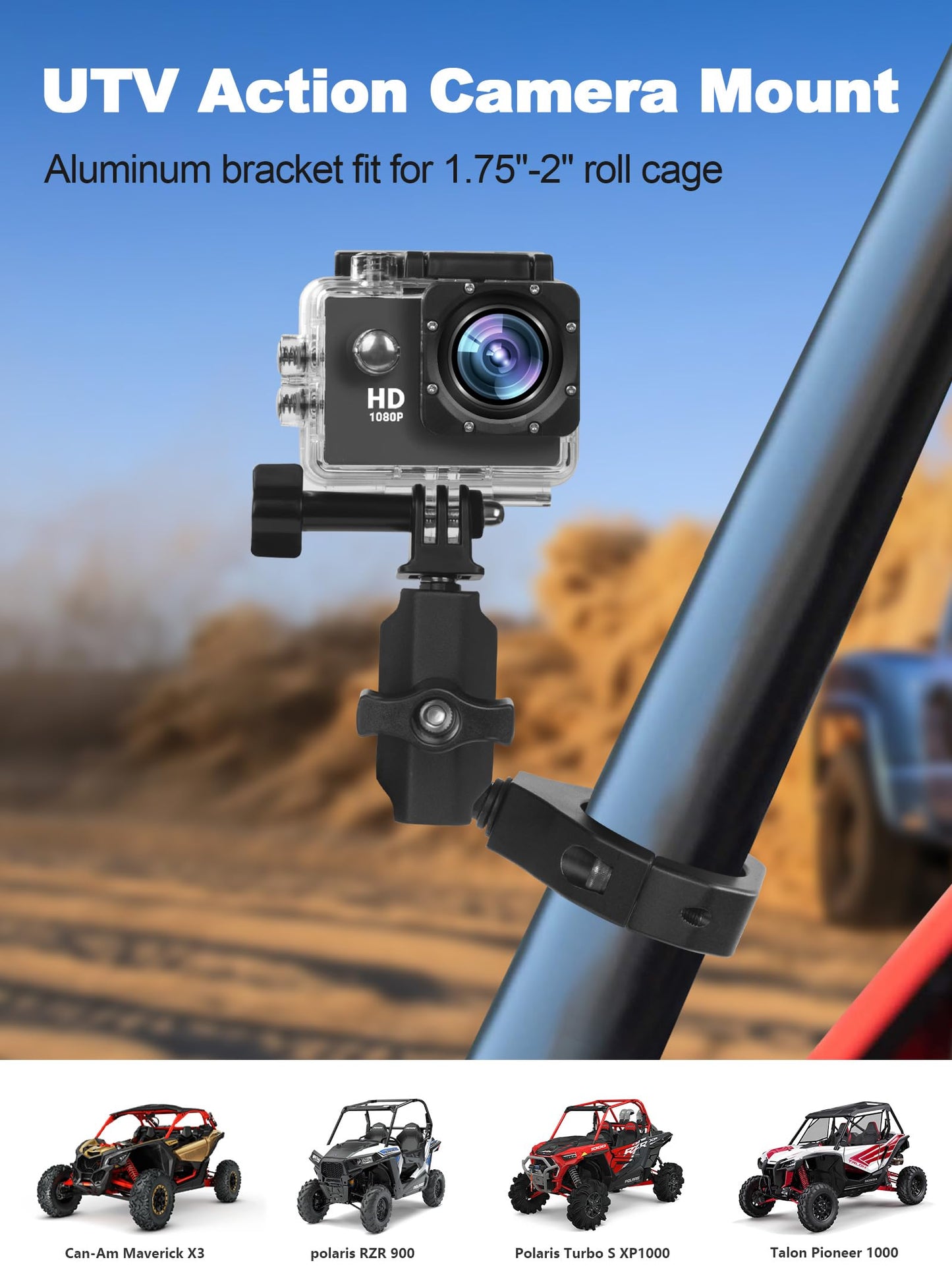 UTV Camera Mount for 1.75"-2" Roll Cage Mount - Compatible with GoPro, Mevo Start & More - Easy to Install Action Camera Accessories on Polaris RZR