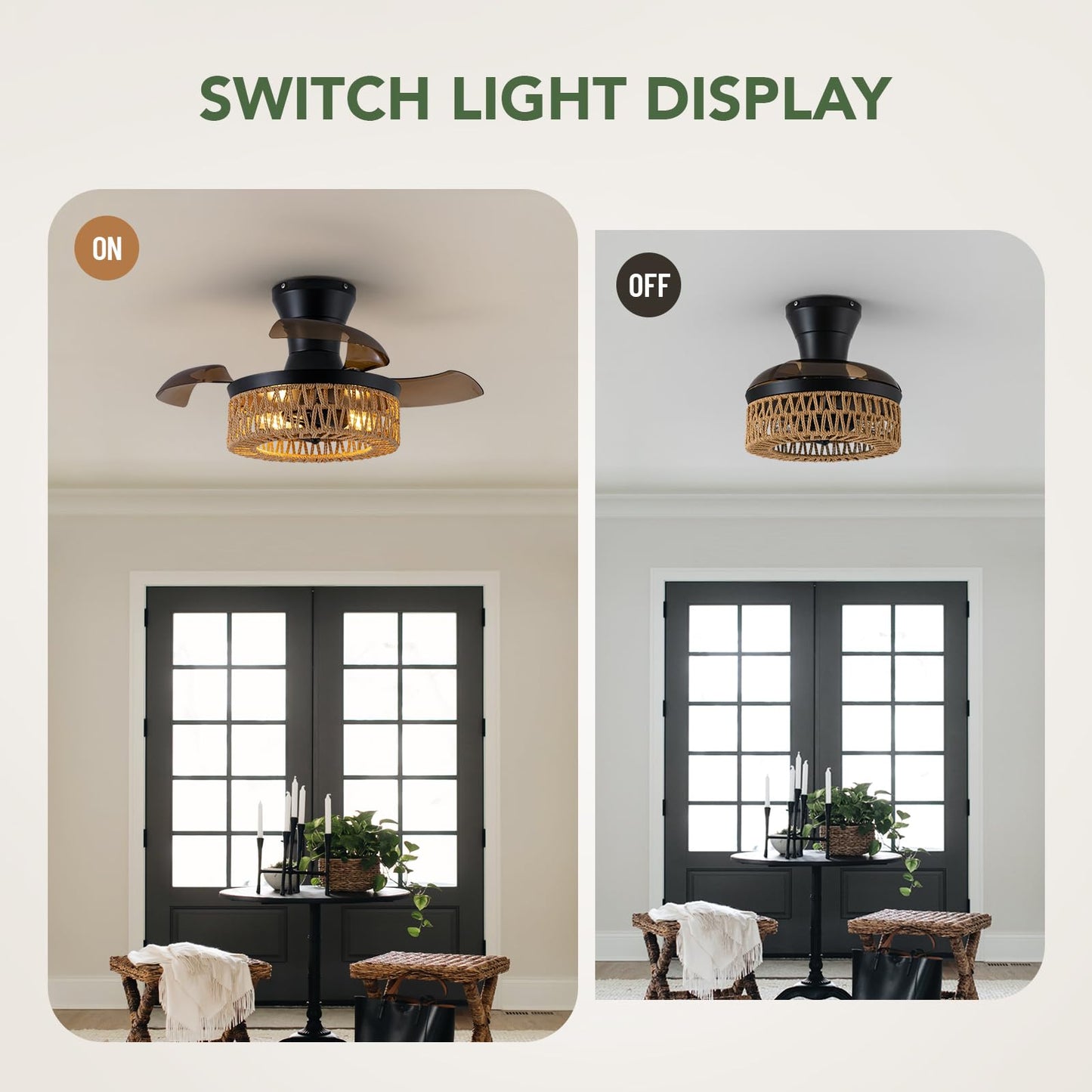 SPACORA 28'' Retractable Ceiling Fan with Lights and Remote, Flush Mount Small Caged Ceiling Fan Farmhouse Boho Fandelier Invisible Blades 6 Wind