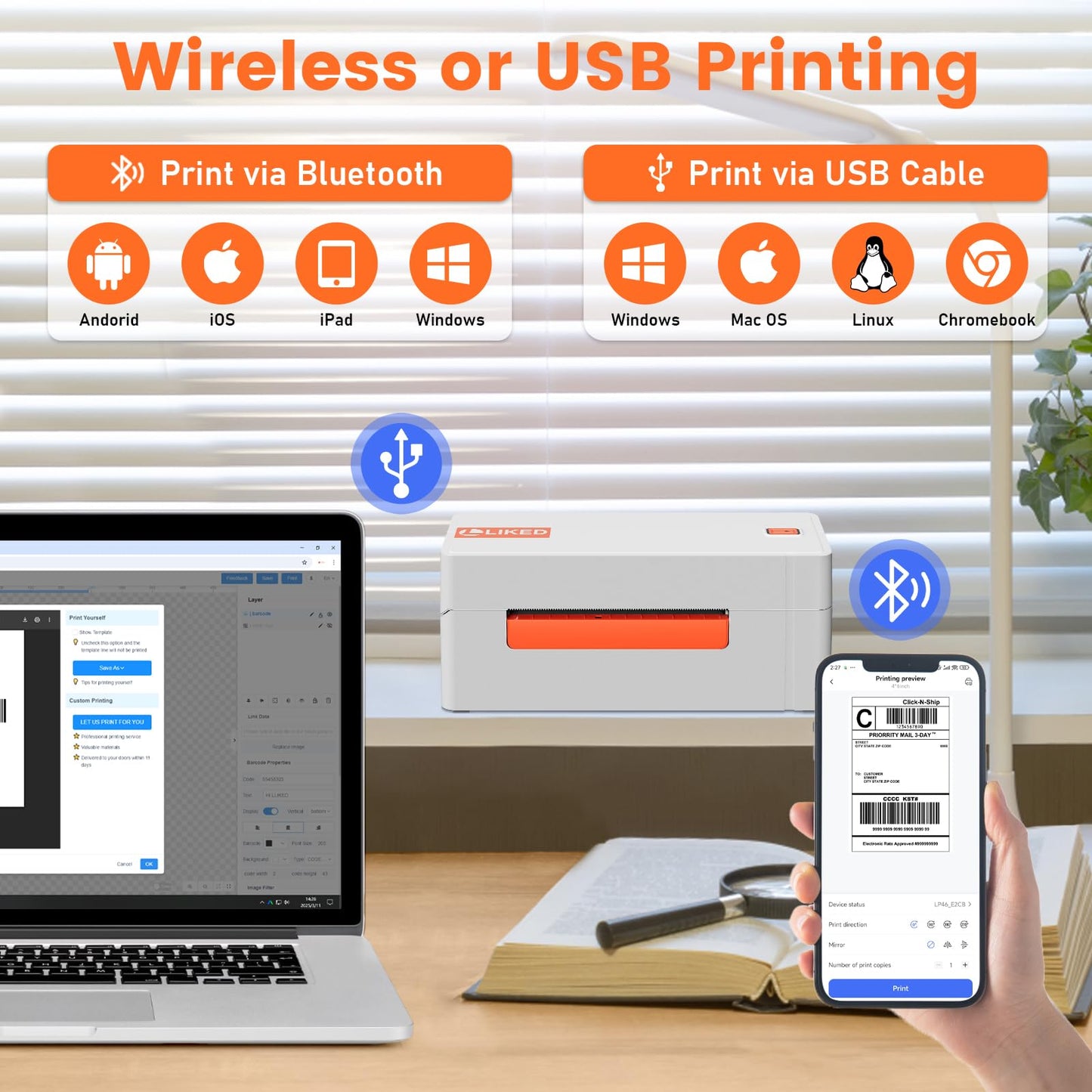 L LIKED Wireless Thermal Label Printer 4x6 - Bluetooth WiFi Shipping Label Printer for Small Business, Long-Life Print Head (Over 650,000 4x6 Labels)