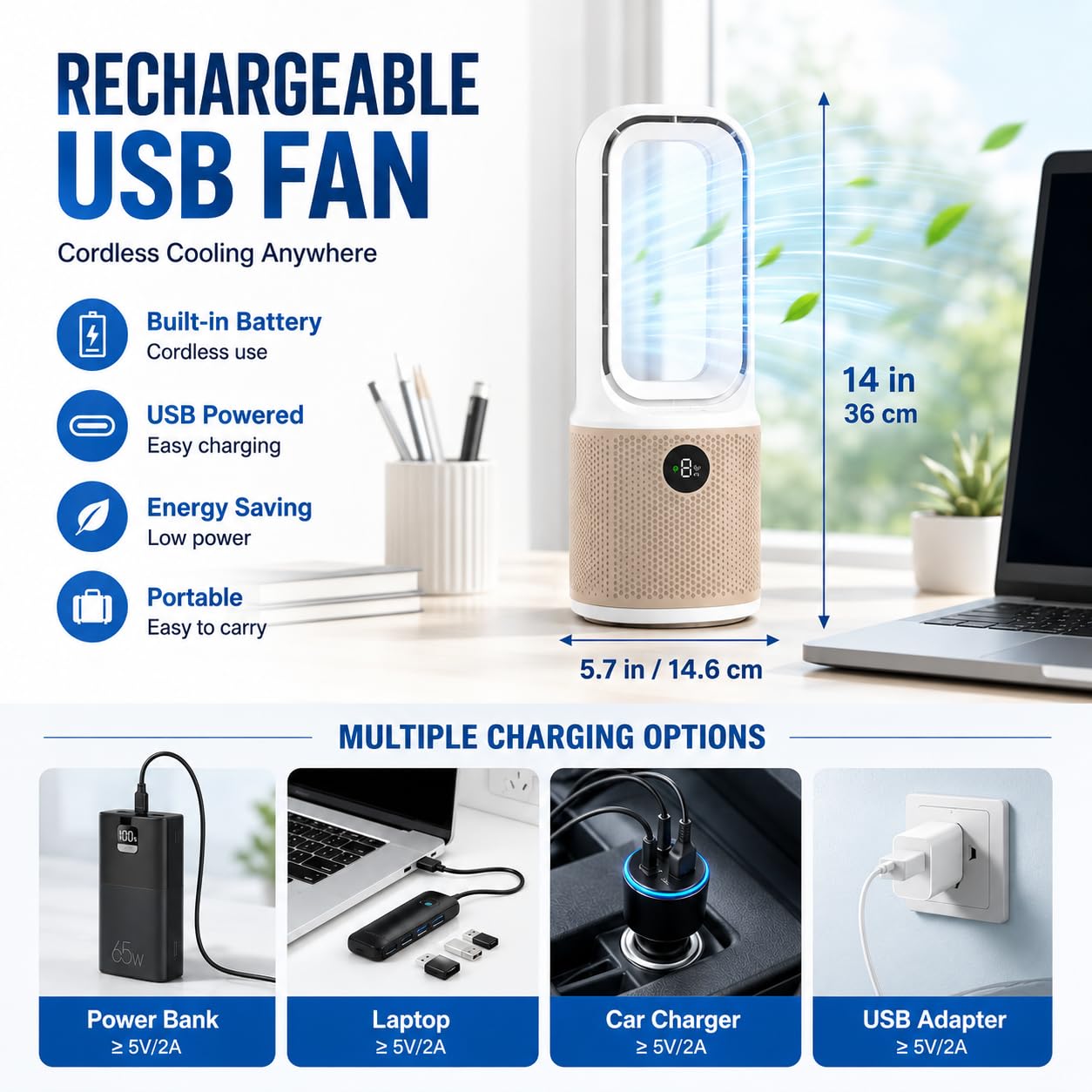 Bladeless Desk Fan, USB Rechargeable, Quiet, 9 Speeds, 60° Oscillation