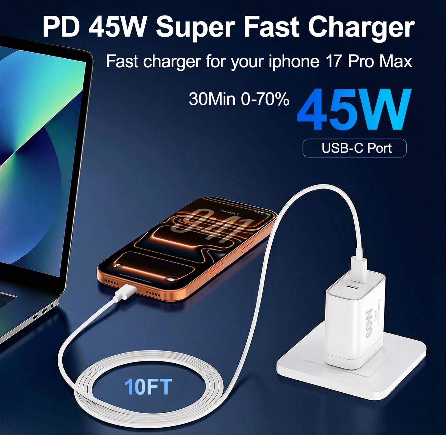 iPhone 17 Charger,45W Fast Charging Dual Port USB C Charger Block with 3/6/10/10FT Type C Charging Cable-PD Quick Adapter 3.0 for iPhone 17e/17/17