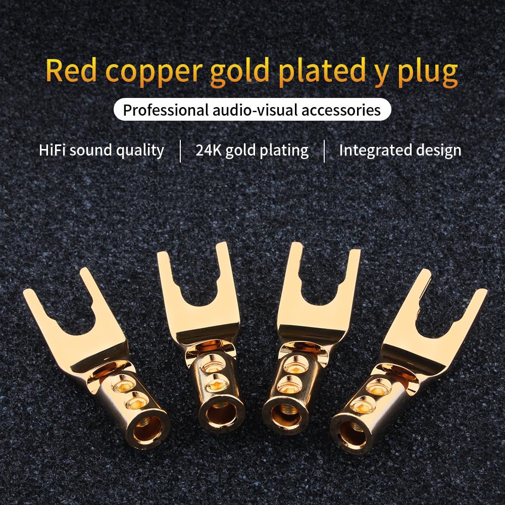 KUYIOHIFI Gold Plated Pure Copper Speaker Spade Connectors - Dual Screw Locking Fork Y/U Plugs for Wire DIY