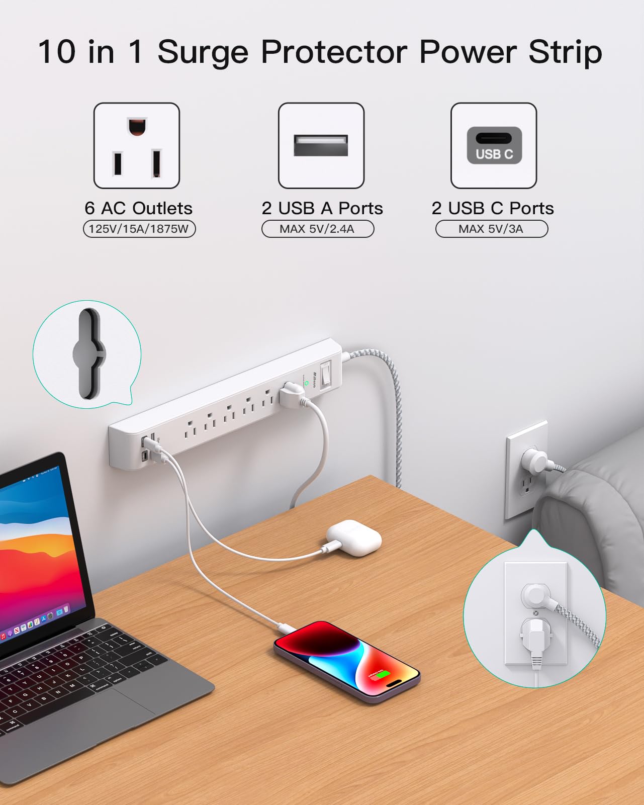2 Pack Power Strip, 12FT Long Extension Cord, Surge Protector with 6 Outlets and 4 USB Ports (2 USB C), Flat Plug Overload Protection, Extension Cord
