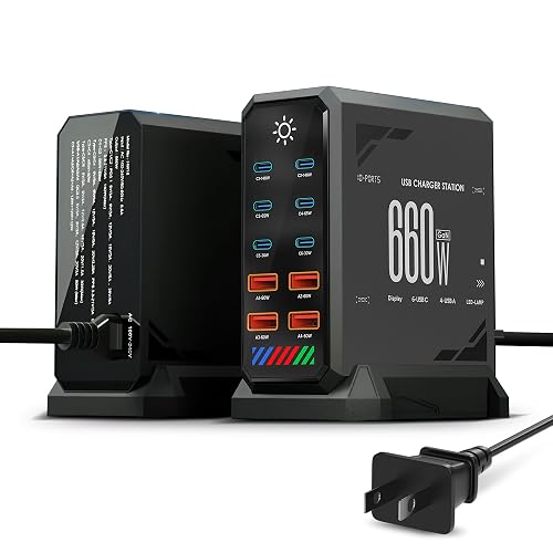 600/660W 10-Port Charging Tower - 6×USB-C & 4×USB-A, Touchscreen Light Control, Graphite Black with Silver Trim - ZOVLEC Multi-Device Fast Charging