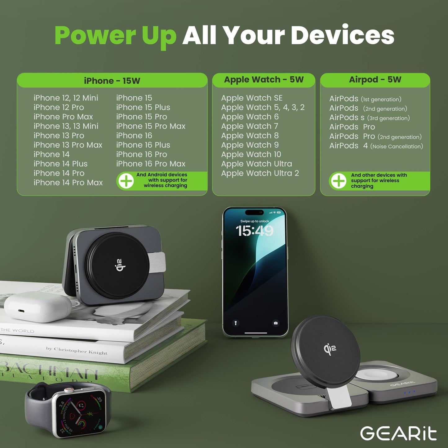 GEARit 3-in-1 Wireless Charging Station - Qi2 MagSafe Charger Stand for Phone, Watch and Earbuds - Works with iPhone 15, 16, 16 Pro, Pro Max, Apple