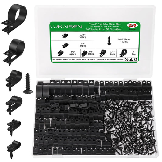 Cable Clips for Cable Management Cord Organizer, 6 Sizes 290 PCS Nylon R-Type, 3/16'' 1/4'' 3/8'' 1/2'' 3/4'' 1'' Black Plastic Screw Mounting Cord