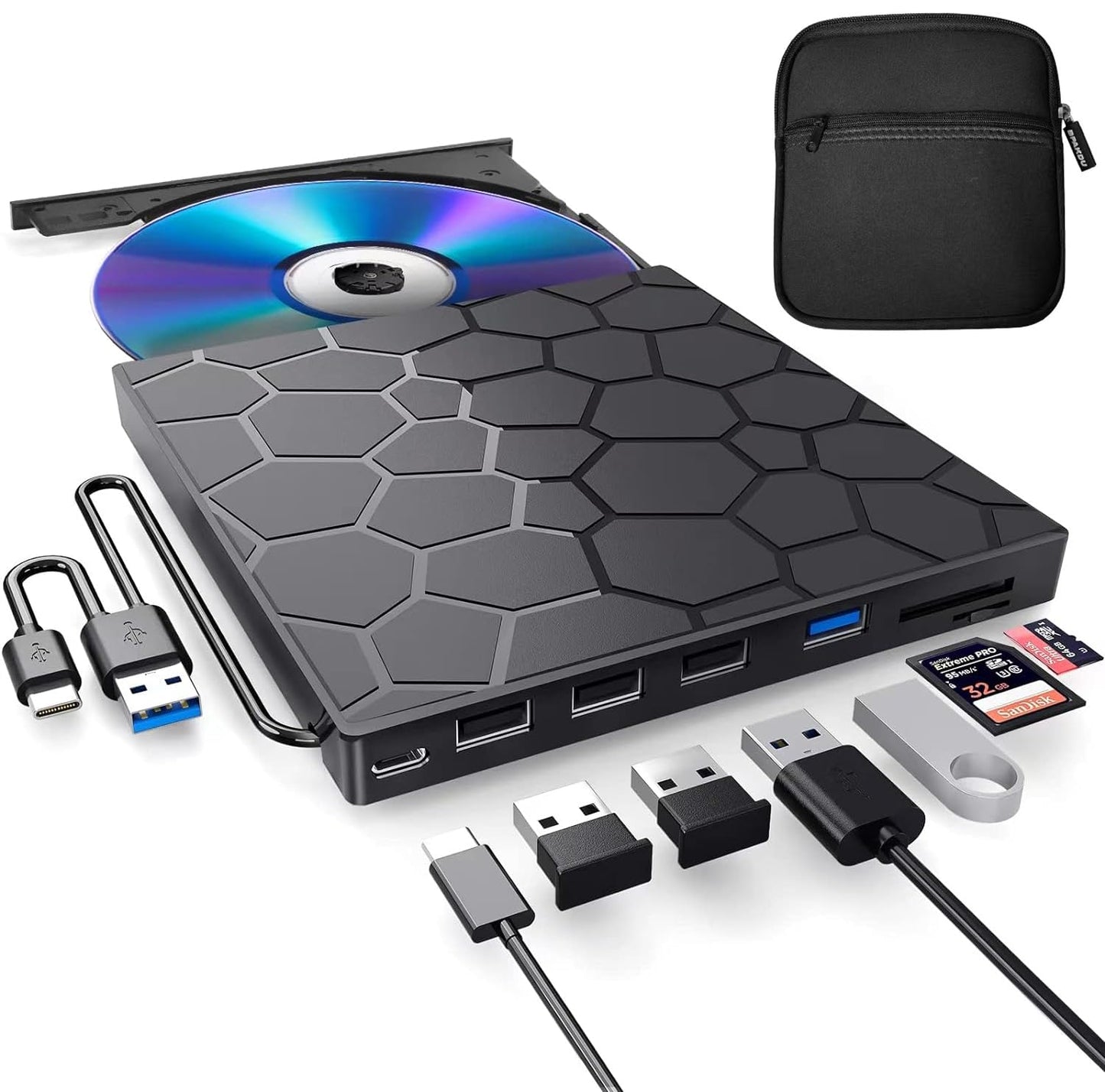 BPAKDU External CD/DVD Drive for Laptop, DVD Player for Laptop with Carrying Case, 8 in 1 USB 3.0 Ultra-Slim Portable, CD Burner External Optical