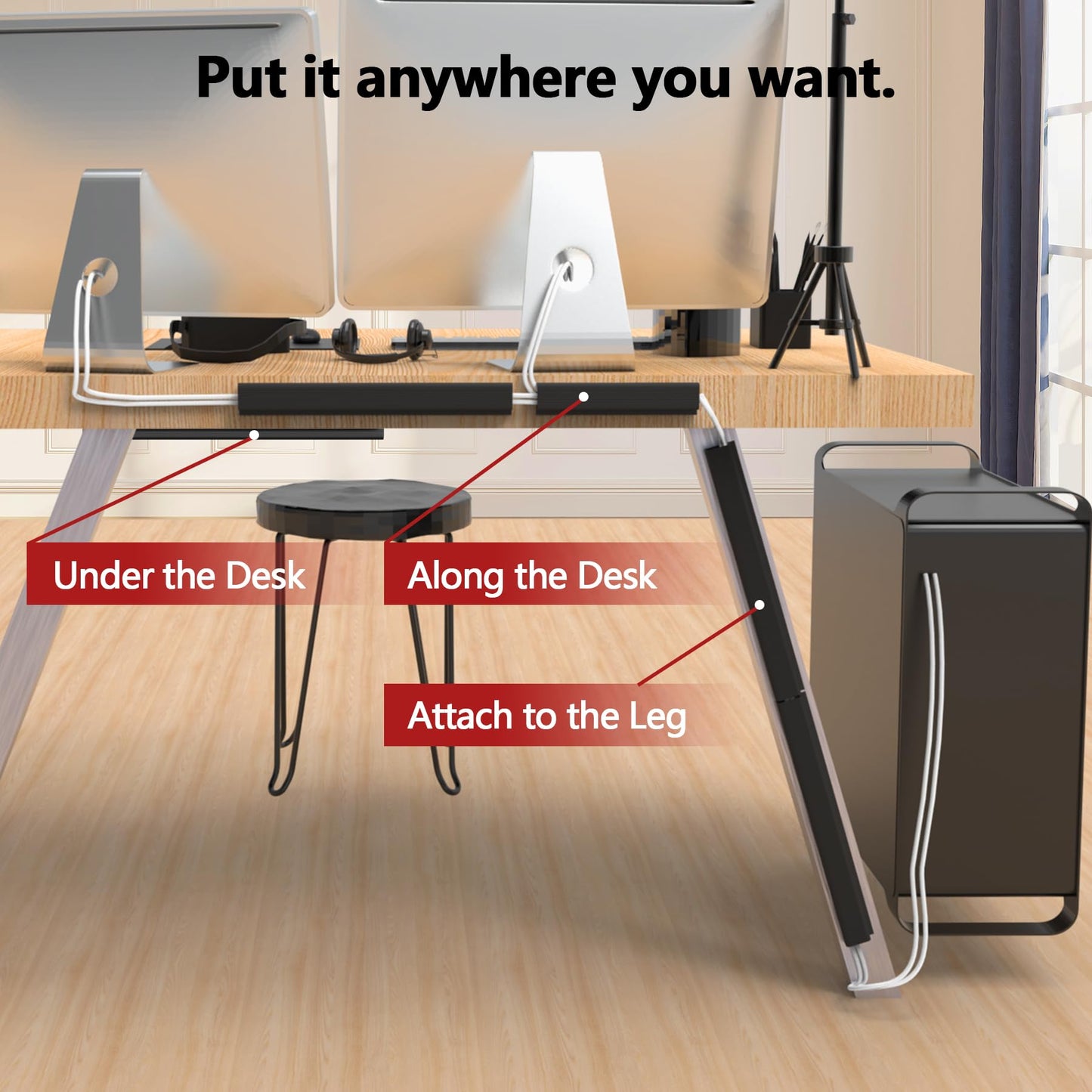 Under Desk Cable Management, 15.7 in Computer Cable Management Black, 6Pcs Self-Adhesive J Channel Wire Raceway, Computer Cord Hider for Home &
