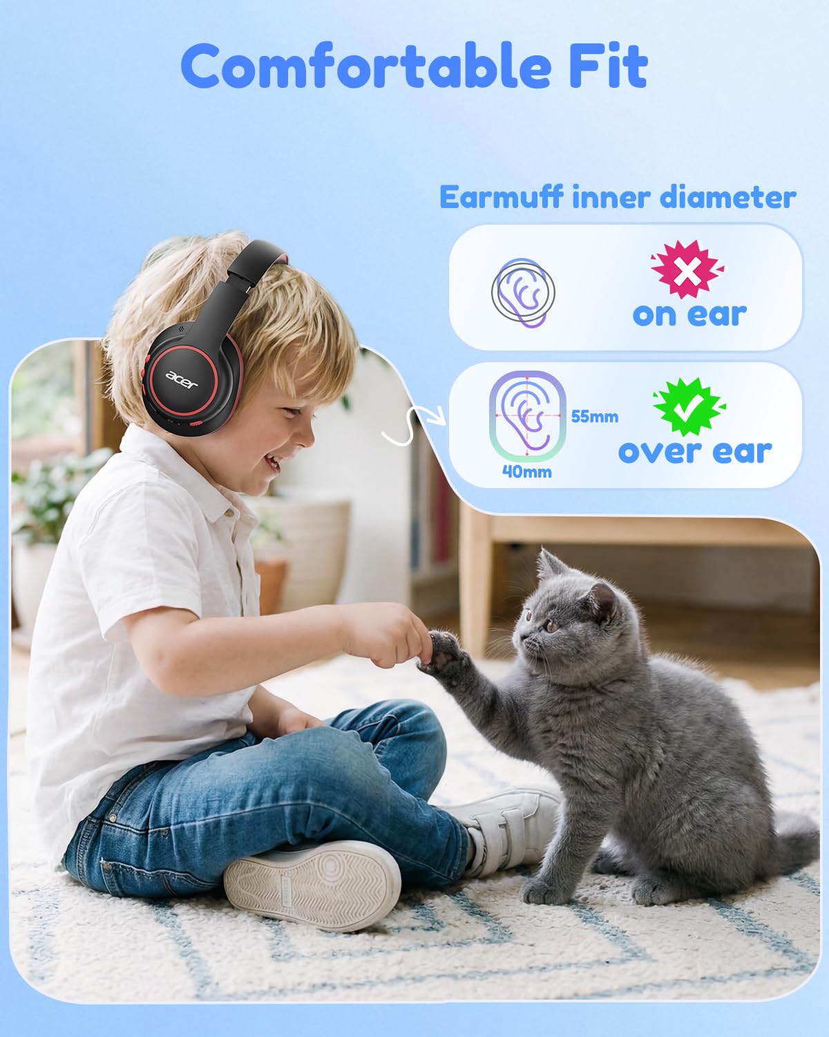 Acer OHR702 Kids Bluetooth Headphones for School with Built-in Mic,Over-Ear