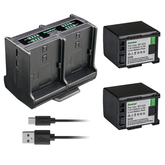 Kastar 2-Pack Battery and Quadruple Charger Compatible with Canon BP-820 BP820, BP-828 BP828 Battery, CG-800 CG800 Charger, Canon XA60, Canon XA65