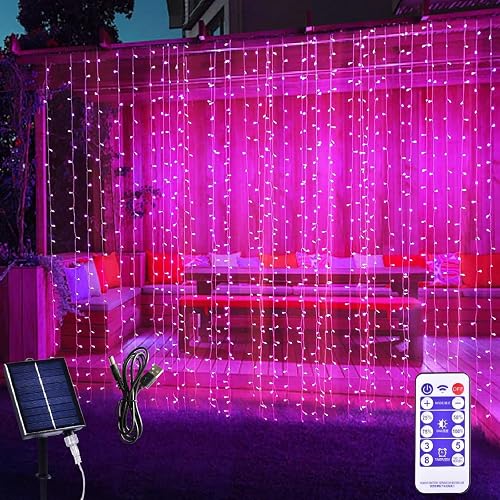 XINXIANLIAN 300LED Solar Curtain Lights USB & Solar Dual Powered Waterproof Fairy String Lights 8 Modes Twinkle for Home Indoor Outdoor Use Garden