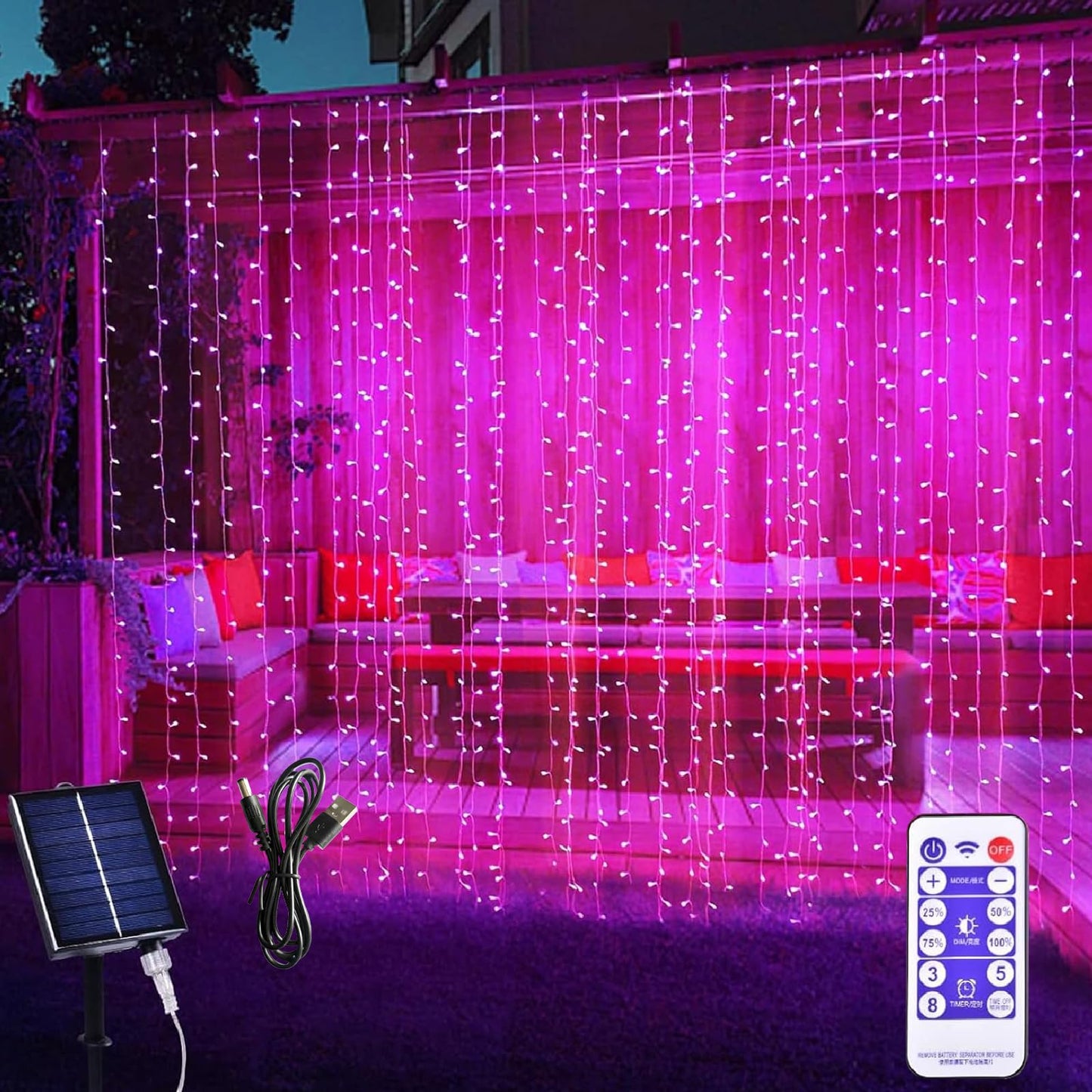 XINXIANLIAN 300LED Solar Curtain Lights USB & Solar Dual Powered Waterproof Fairy String Lights 8 Modes Twinkle for Home Indoor Outdoor Use Garden