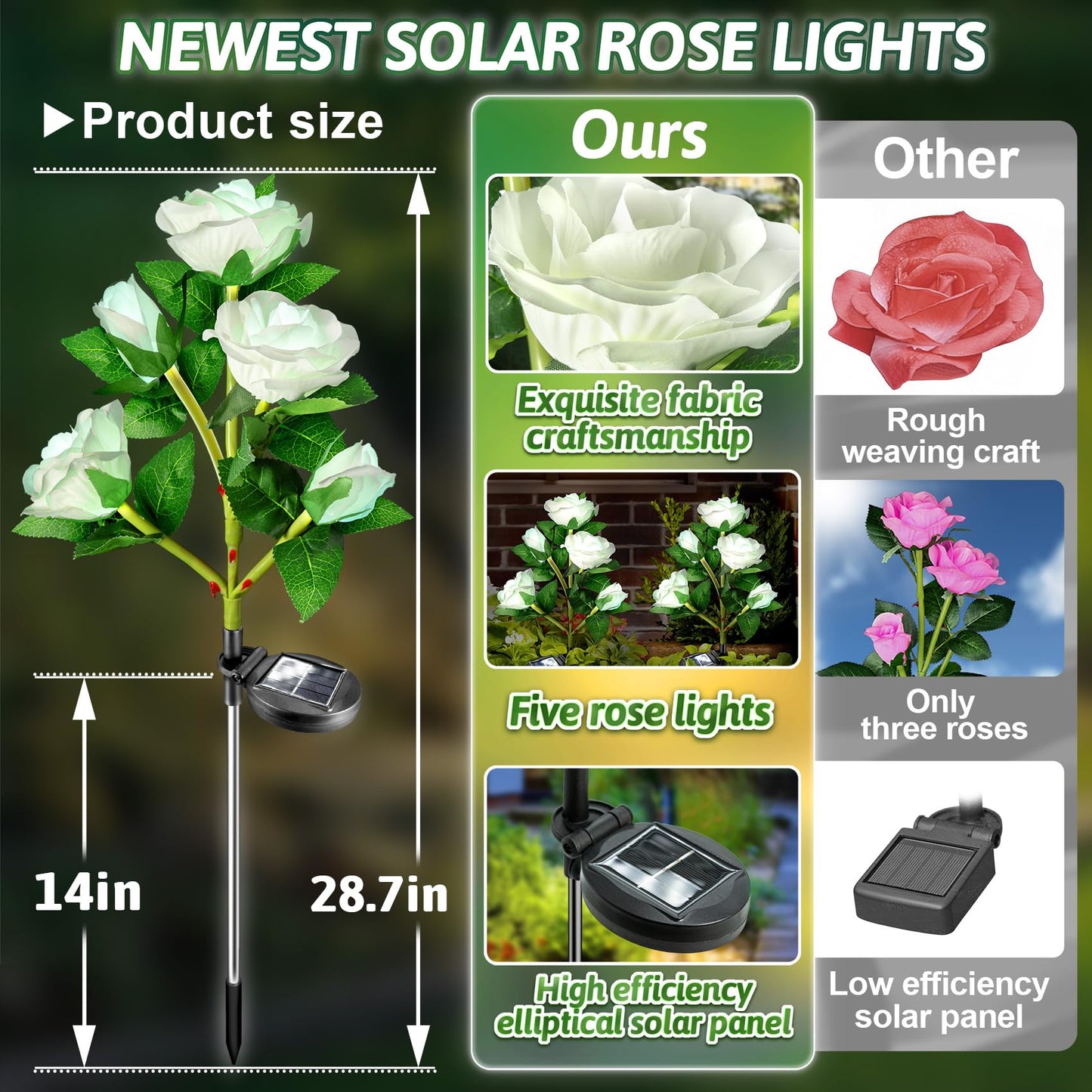 Anordsem Solar Garden Lights Outdoor: 10 Waterproof Fabric Roses 2 Pack - White LED Flower Decorations for Yard Patio Path Cemetery Grave - Mother 's