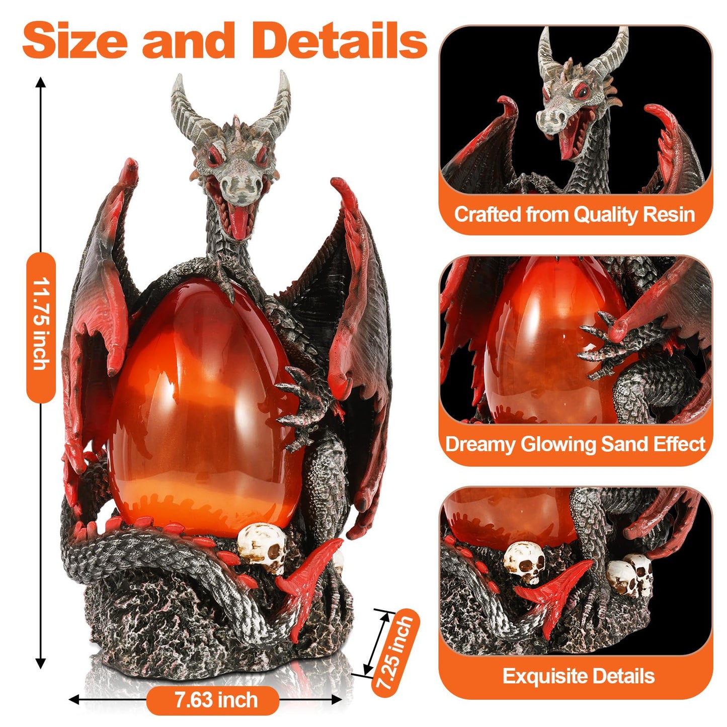 Fire Dragon Glitter Globe Statue, 11.75 Inch Dragon Egg Night Light with Skull Base, 6 Hours Timer, Battery Operated Horror Decor for Home, Halloween