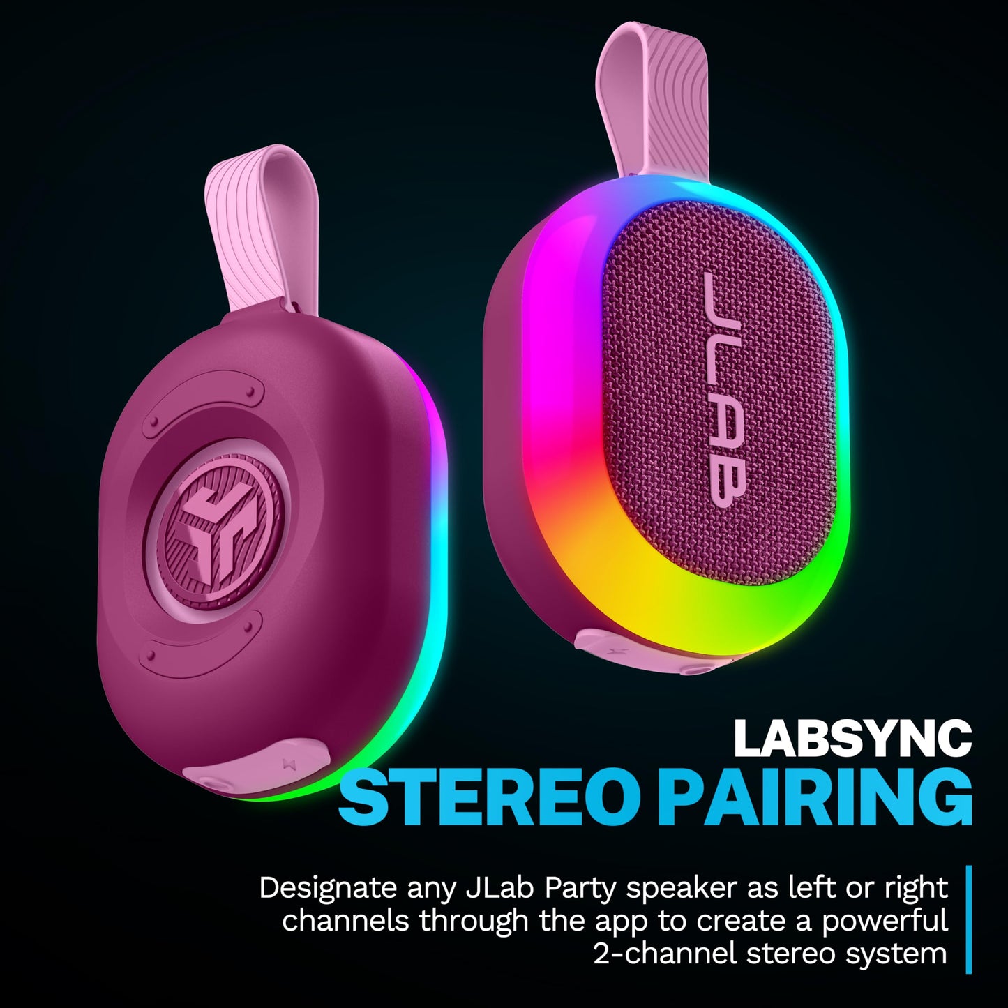 JLab Pop Party Portable Bluetooth Speaker, Mulberry, 8+ Hours of Playtime, IP55 Waterproofing, Detachable Loop Handle, Customizable RGB LED Lighting