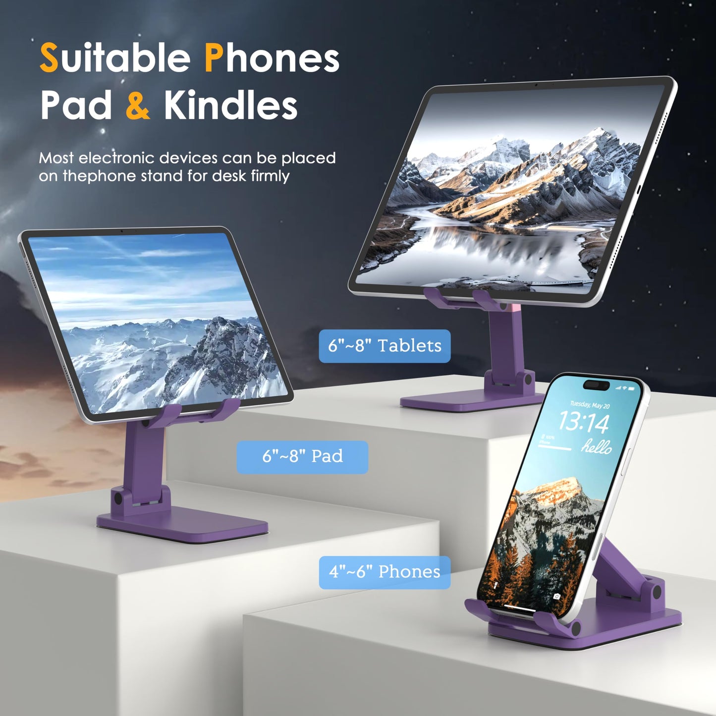 HZZADZXW Cell Phone Stand for Desk, Adjustable Height & Angle Phone Holder, Foldable Portable Stand with Anti-Slip Silicone Pad, Compatible