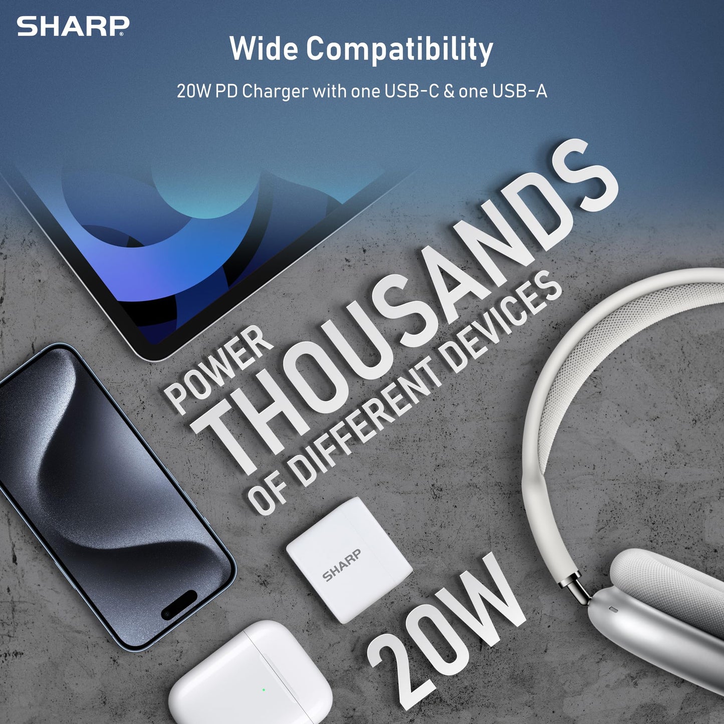 Sharp USB C Charger - 20W, Dual Port (USB A+C) Compact Foldable GaN Fast Charge for iPhone 15/15 Pro/15 Pro Max/14/13/12, Pad Pro/AirPods and More