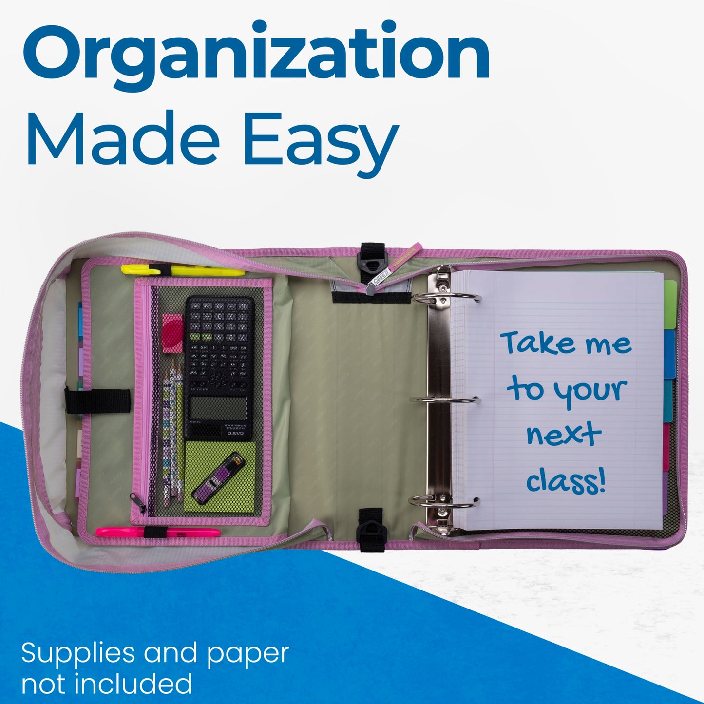 Case-it Mighty Zip Tab School Zipper Binder | 3-Inch O-Rings, 600-Sheet Capacity, 5-Subject Expanding File Folder, Multiple Pockets & Storage