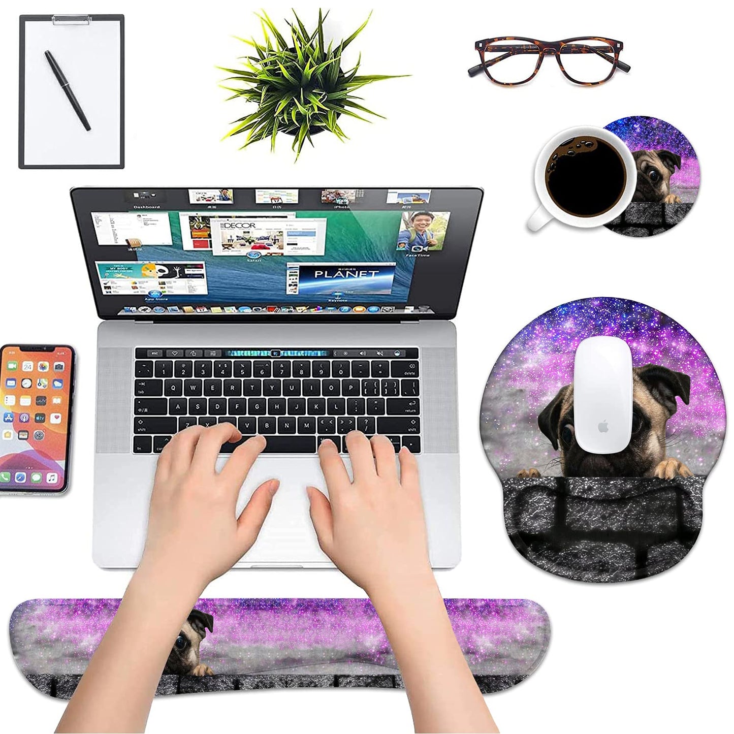Keyboard Wrist Rest and Mouse Pad Wrist Support Set with Coasters, Non-Slip PU Base Ergonomic Gaming Mousepad for Home Office Working Studying Easy