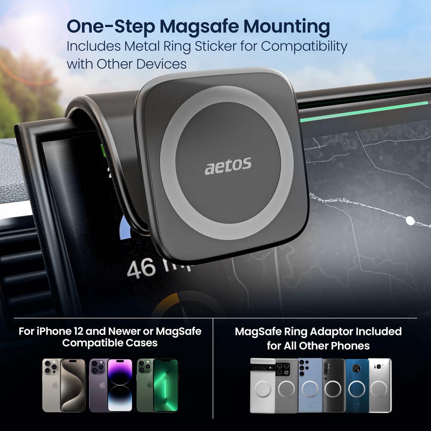 aetos for iPhone MagSafe Car Mount Magnetic Phone Holder with Adhesive Suction Base, Fits iPhone 17/16/15/14 Pro/Plus/Max and Android Phones with Ring