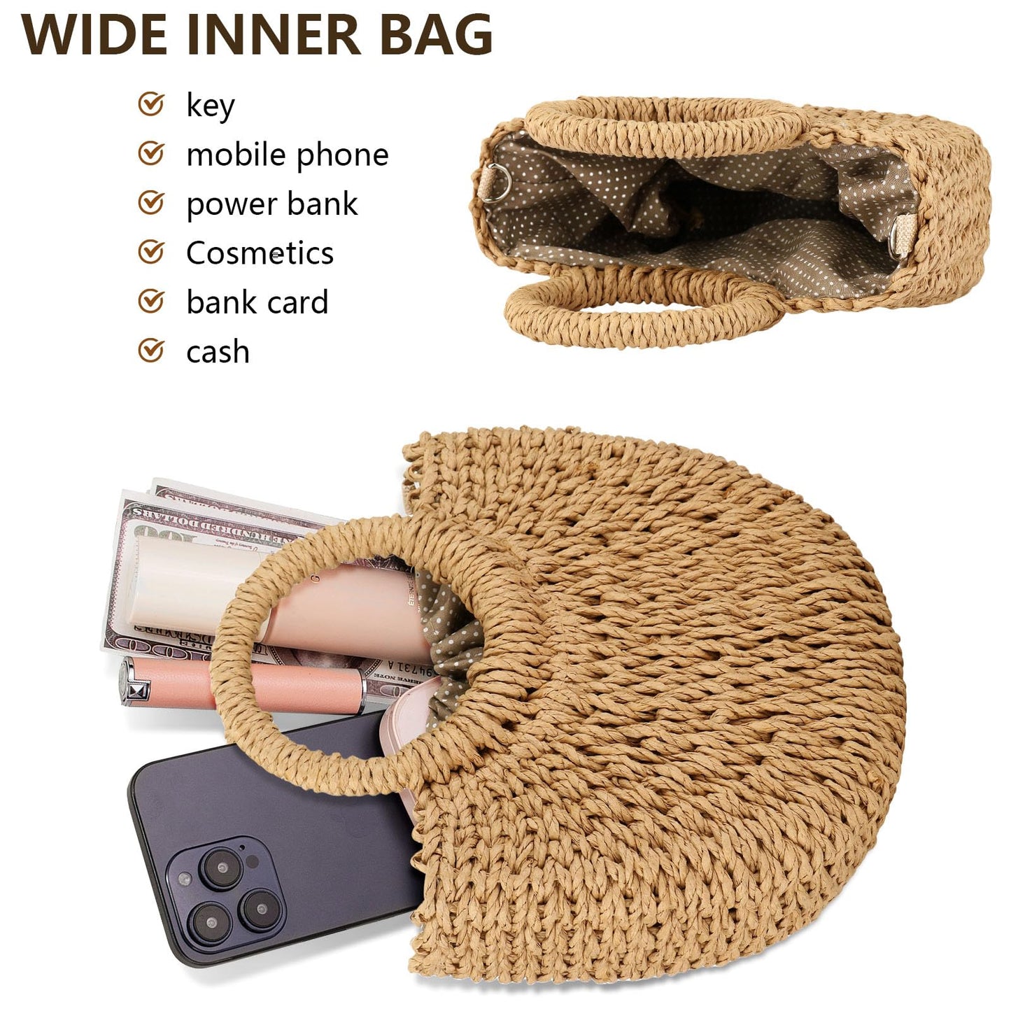 FENBEN Women Straw Crossbody Bag Summer Beach Weave Shoulder Bag Rattan (Brown)