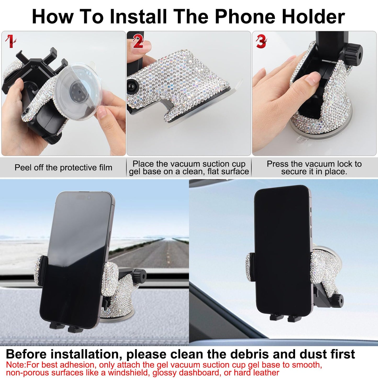 Bling Car Phone Mount Holder,Shiny Crystal Rhinestone Phone Stand for Women and Girls, Car Accessories for Windshield Dashboard,Compatible with Most