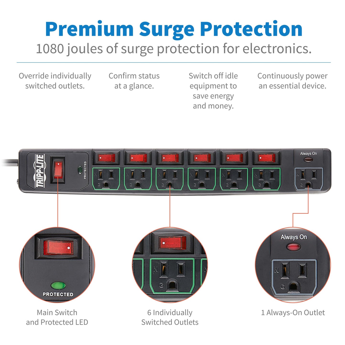 Tripp Lite 7 Outlet (6 Individually Controlled) Surge Protector Power Strip, 6ft Cord, Black, Lifetime Limited Warranty & 25K Insurance (TLP76MSGB)