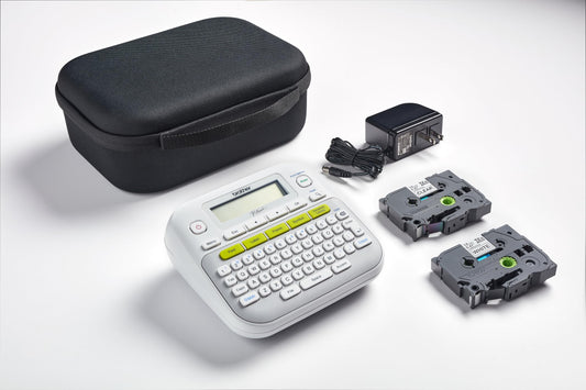 Brother PT-D210SV Monochrome Label Maker Bonus Bundle Comes with a Protective Carrying case, an Adapter, and Two Sample Genuine TZe Label Tapes